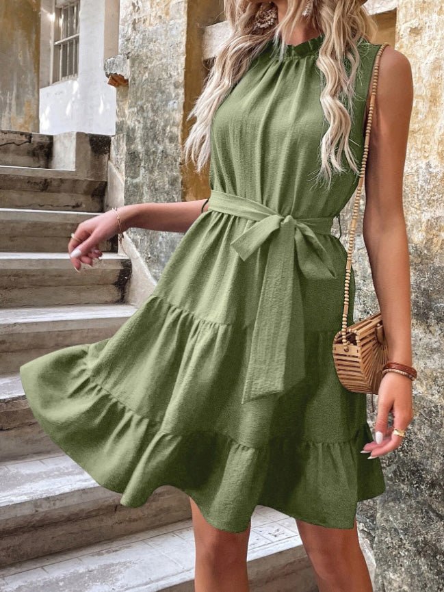 Textured Ruffle Collar Tie Waist Ruffle Hem Sleeveless Mini Dress