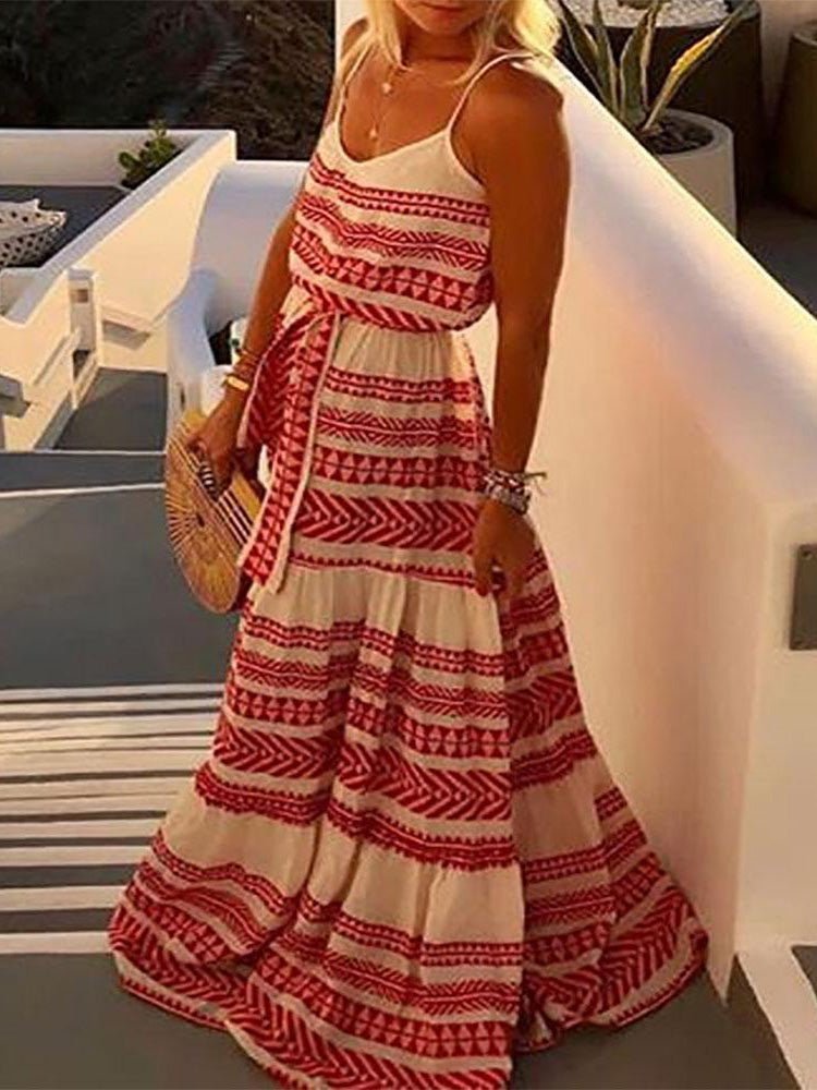 Geometric Tribal Print Spaghetti Strap Tie-Waist Tiered Maxi Dress