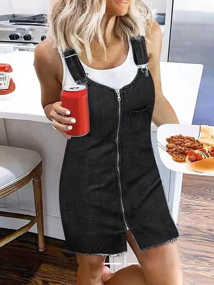 Zip Front Distressed Rip Adjustable Strap Overall Denim Mini Dress