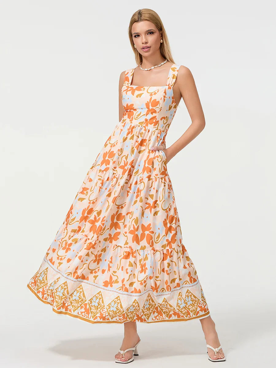 Bohemian Floral Geometric Print Flow Tank Square Neck Sleeveless A-Line Dress