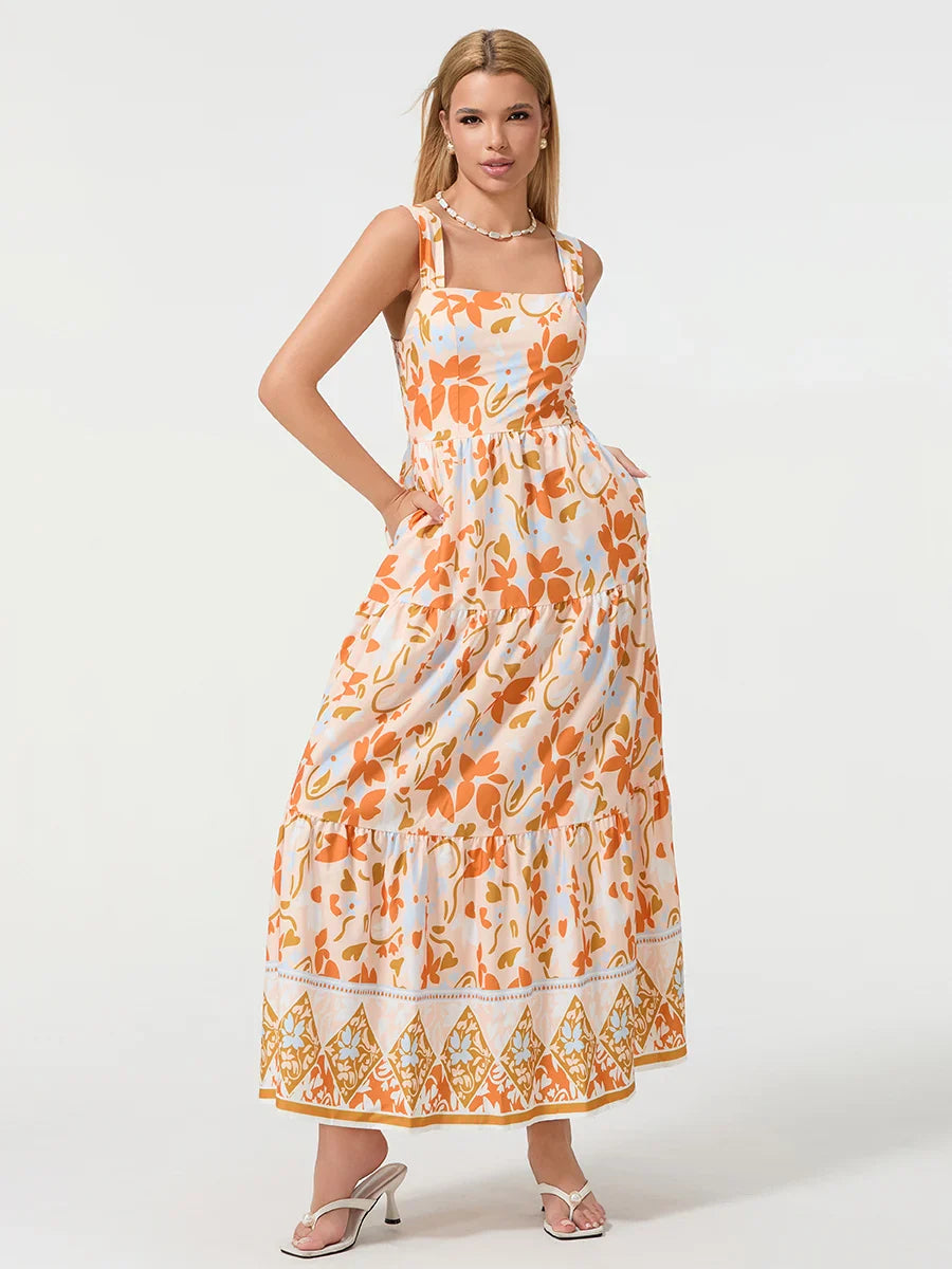 Bohemian Floral Geometric Print Flow Tank Square Neck Sleeveless A-Line Dress
