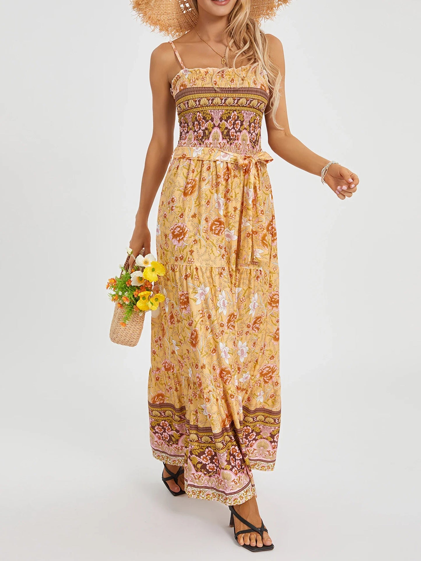 Boho Retro Floral Swing Spaghetti Straps Belted Long Floral Dress