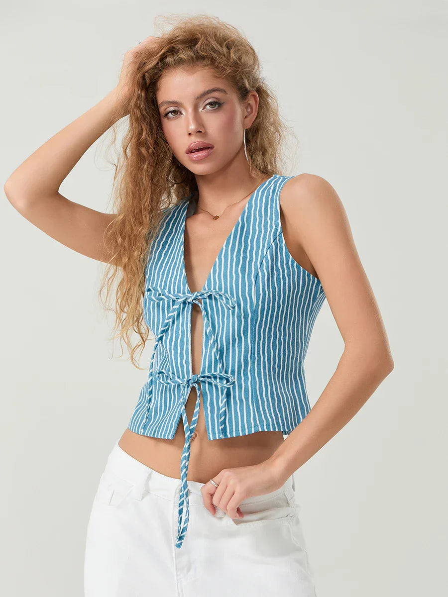 Elegant Bow Tied Front Striped Sleeveless V-neck Crop Tank