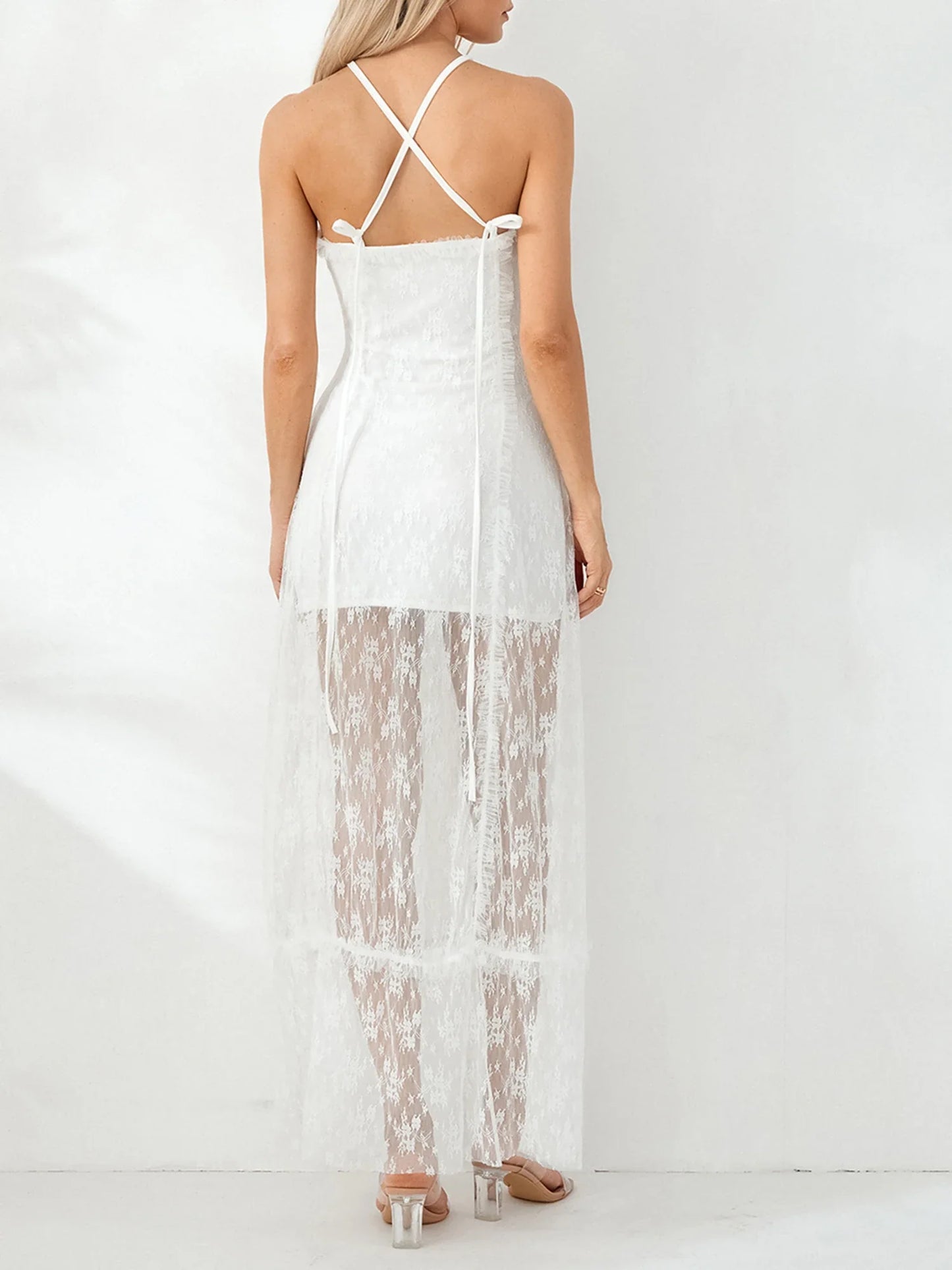 Fairycore Retro White Lace Backless Halter Tube Floral Dress