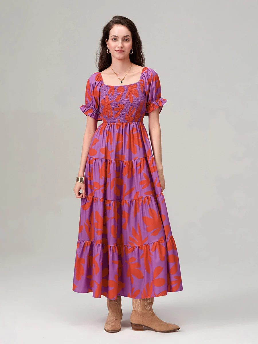 Floral Print Flowy Puff Sleeve Square Neck A-Line Vacation Floral Dress