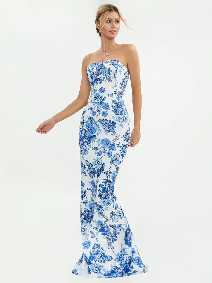 Floral Off-Shoulder Tube Bandeau Slit Bodycon Beach Holiday Floral Dress