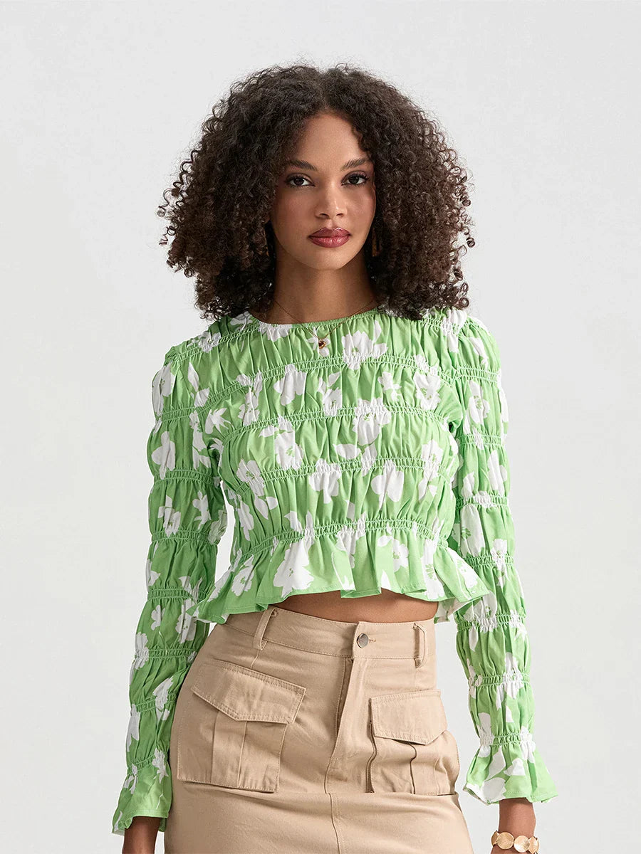 Floral Ruched Boat Neck Long Sleeve Crop T-shirt