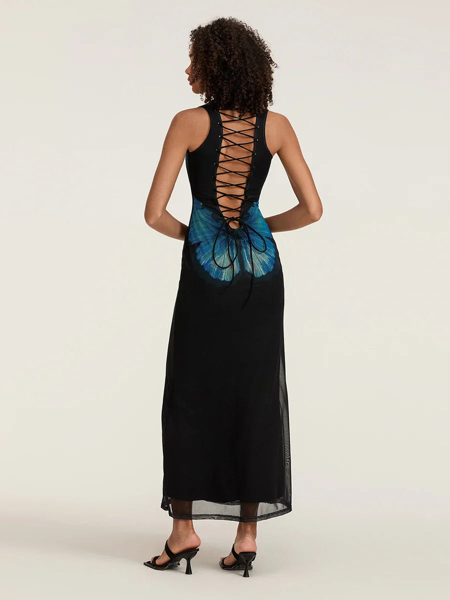 Floral Sleeveless Bodycon Back Hollowed Lacing Tank Party Floral Dress