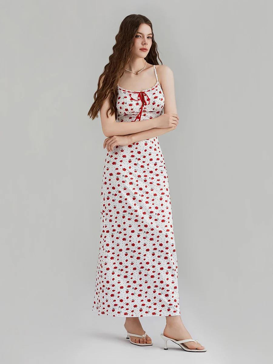 Floral Print Spaghetti Strap Ribbon Tie-Up Slip Vacation Floral Dress