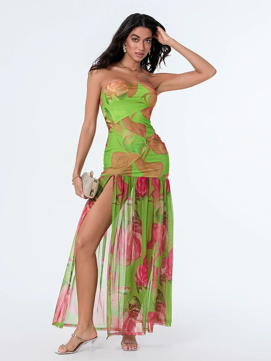 Strapless High Slit Mesh Hem Floral Dress