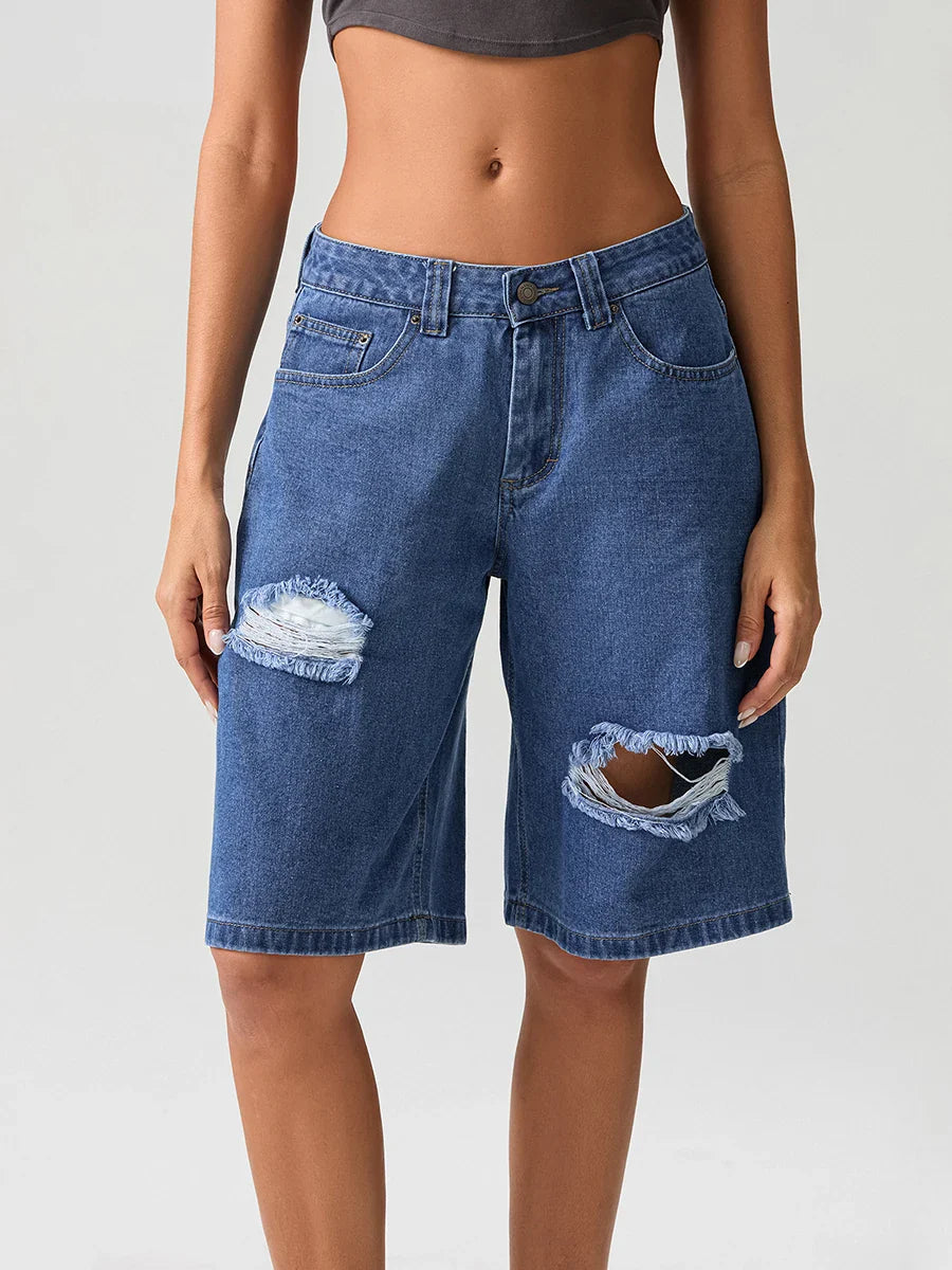 Ripped Button Knee-Length Denim Short