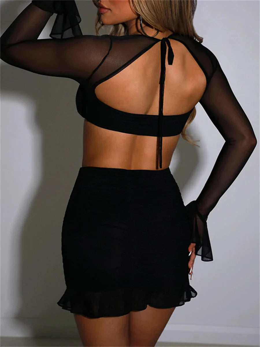 Sheer Mesh Ruffle Two-piece Crop Top Mini Skirt Set