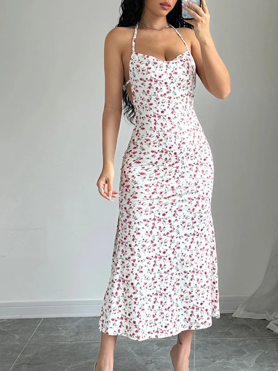 Floral Tied Backless Halter Split Floral Dress