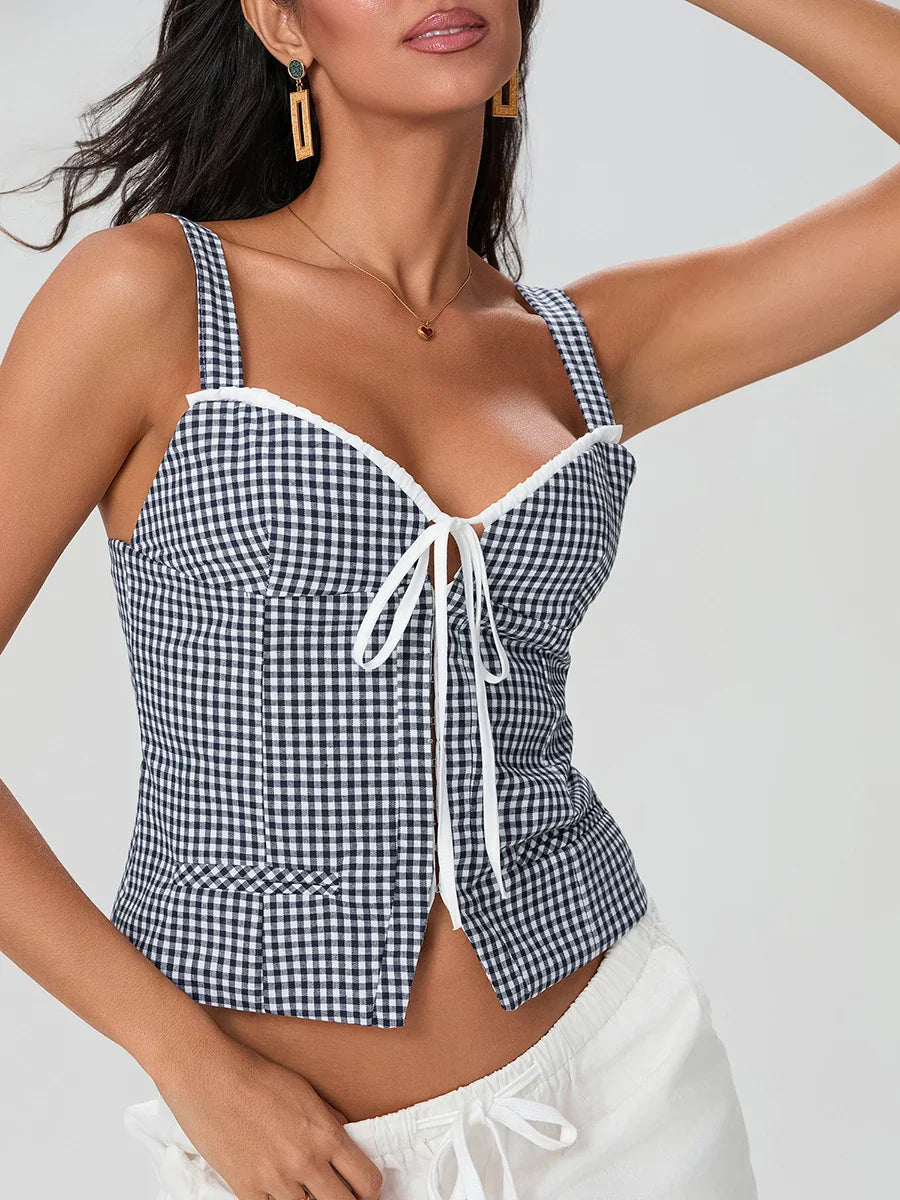 Plaid Print Backless Sleeveless Low Cut Tied Crop Vest