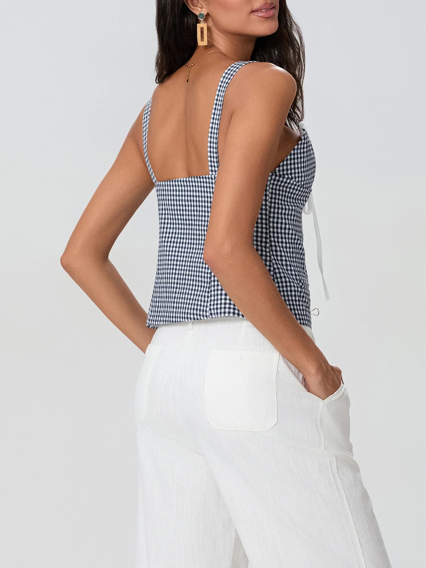 Plaid Print Backless Sleeveless Low Cut Tied Crop Vest