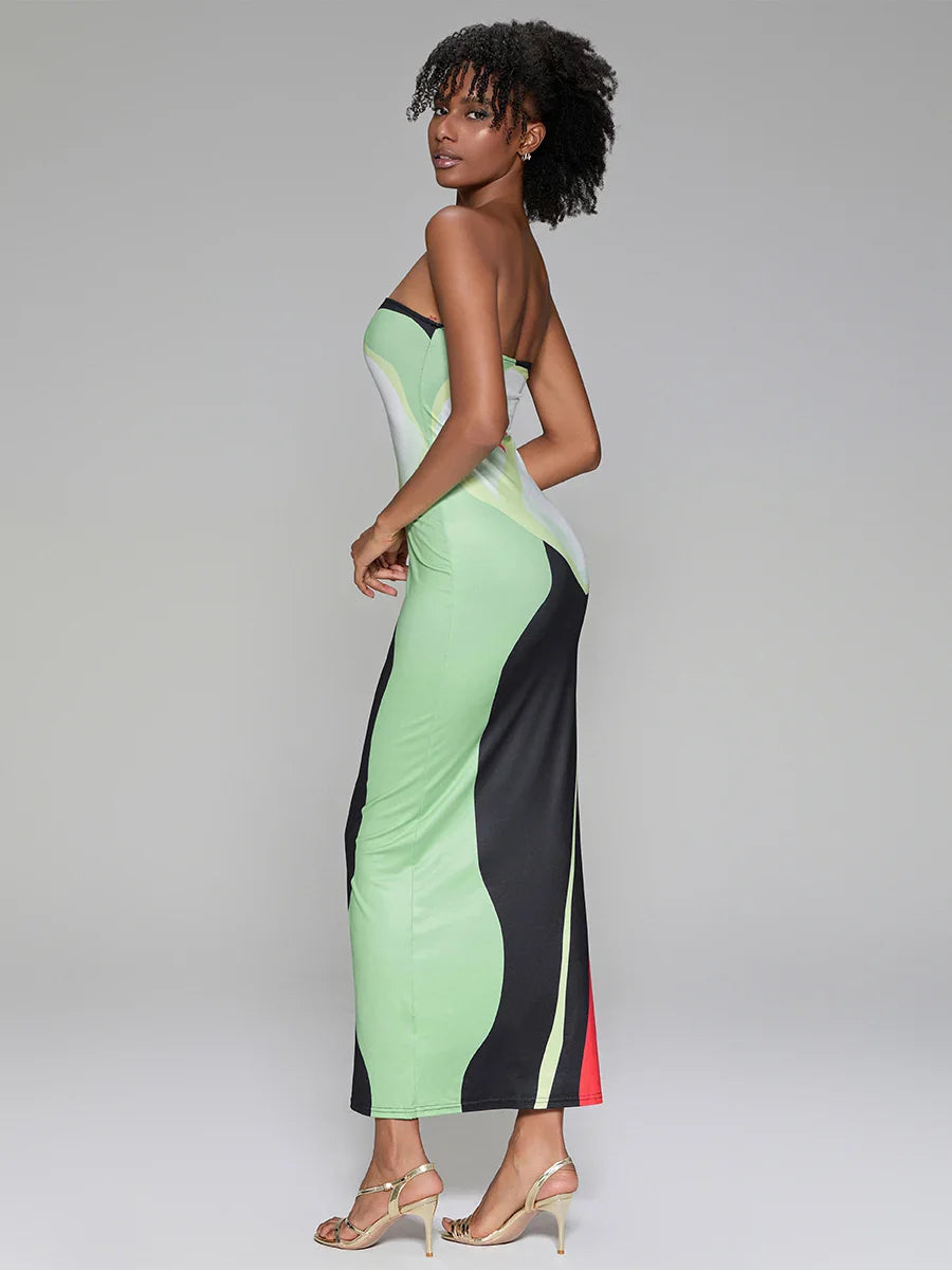 Abstract Print Strapless Side Split Floral Dress