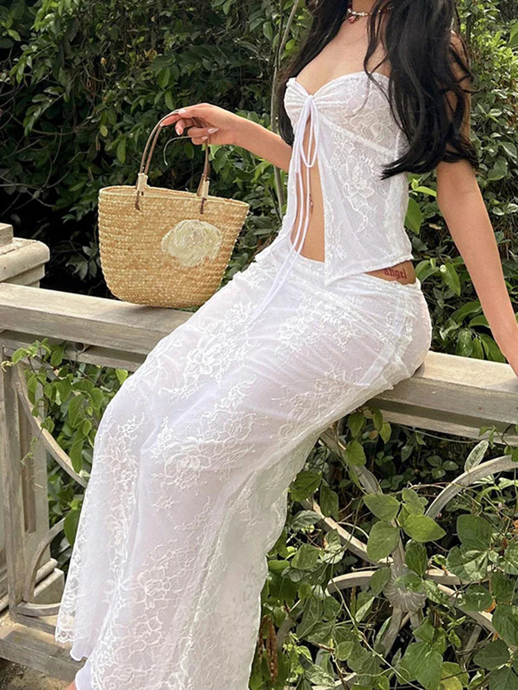 White Lace Floral Sleeveless Off-Shoulder Bandeau Wrap Floral Dress