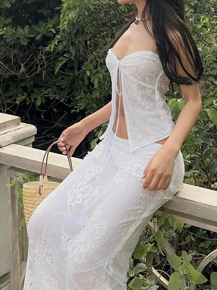 White Lace Floral Sleeveless Off-Shoulder Bandeau Wrap Floral Dress