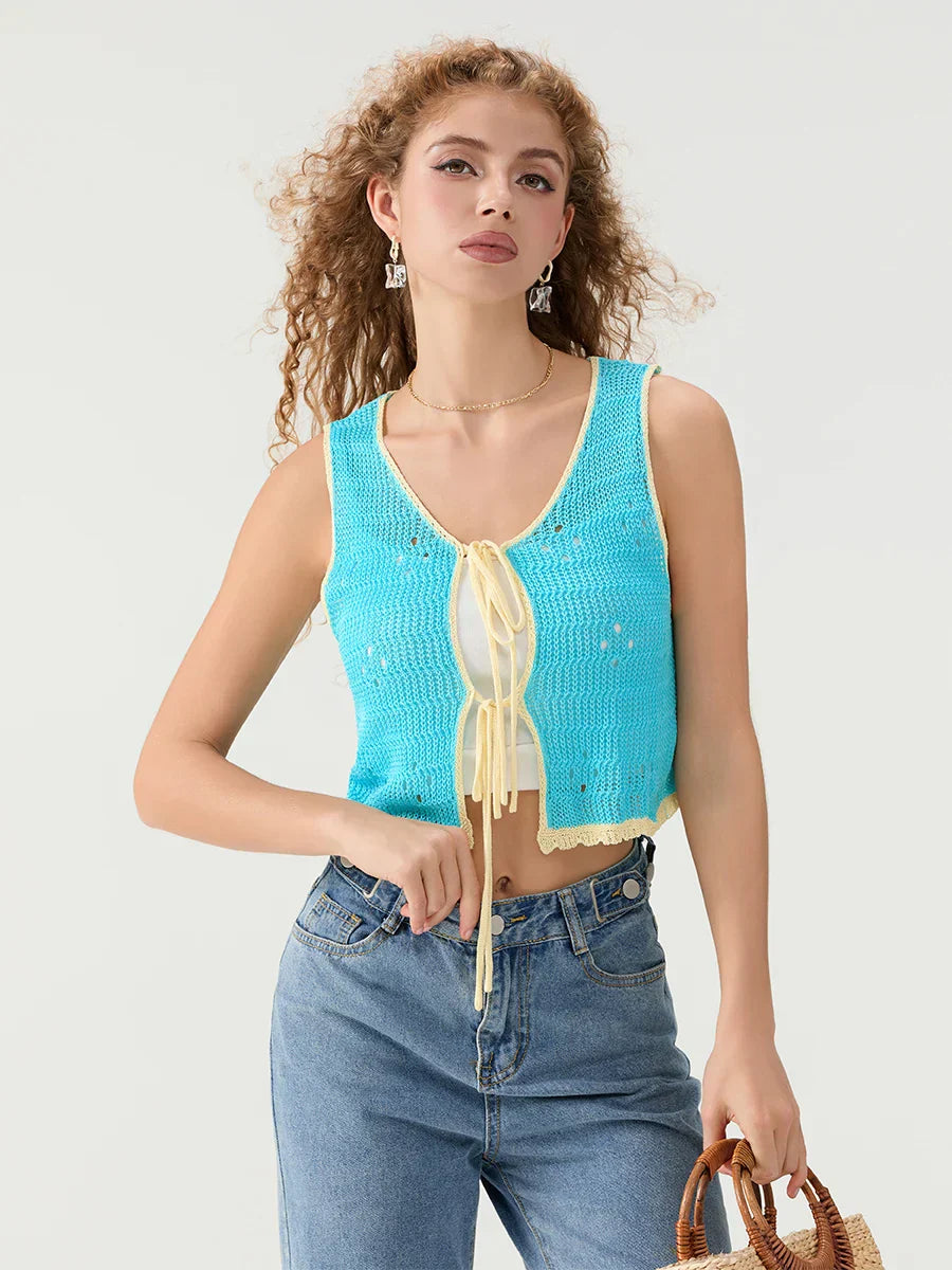 Cutout Crochet Tie-Front Sleeveless Knit V-neck Crop Top