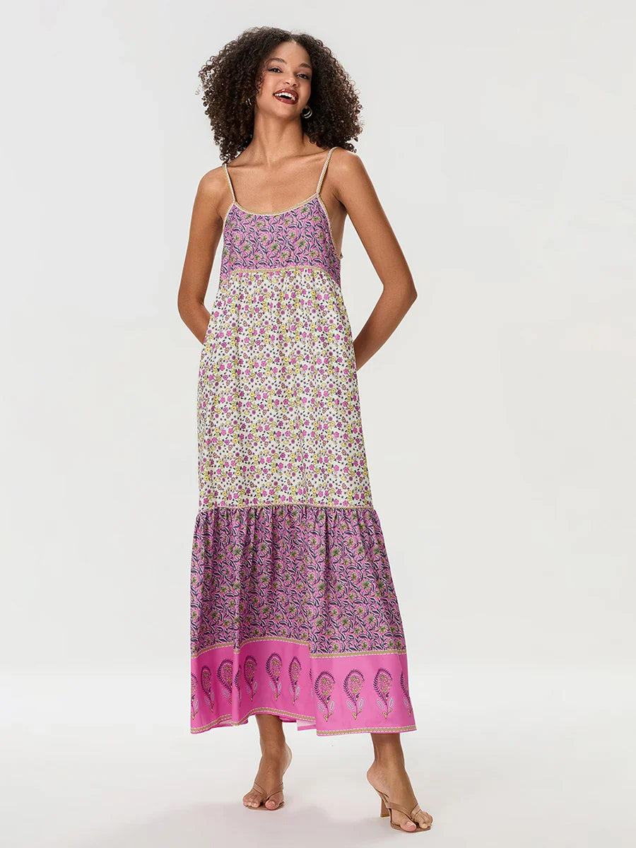 Bohemian Floral Spaghetti Strap Ruched Floral Dress