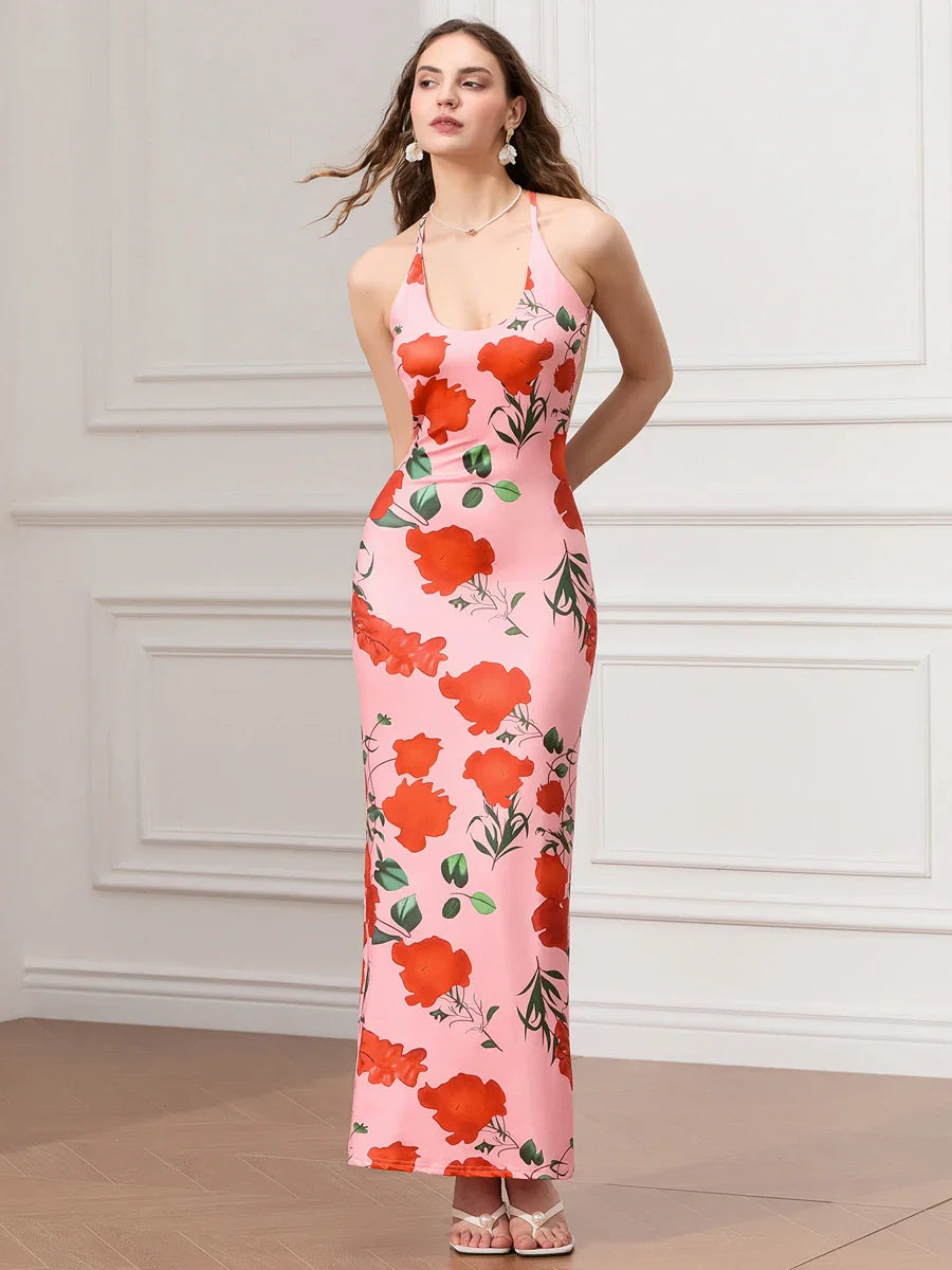 Backless Party Spaghetti Strap U-neck Bodycon Evening Floral Dress