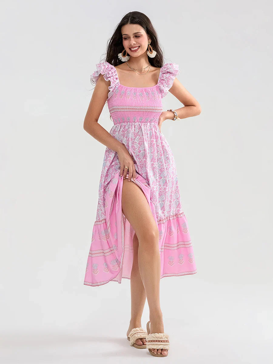 Floral Dot Print Shirred Square Neck Ruffled Flowing Beach Floral Dress