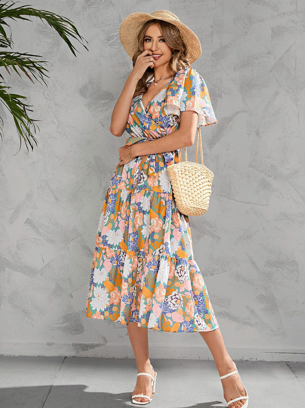 Printed Lace-up Short Sleeve Dress