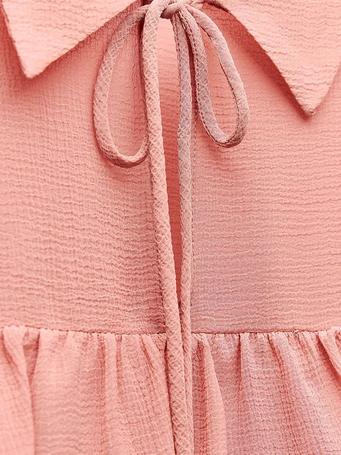Drawstring Collar Ruffle Blouse Top