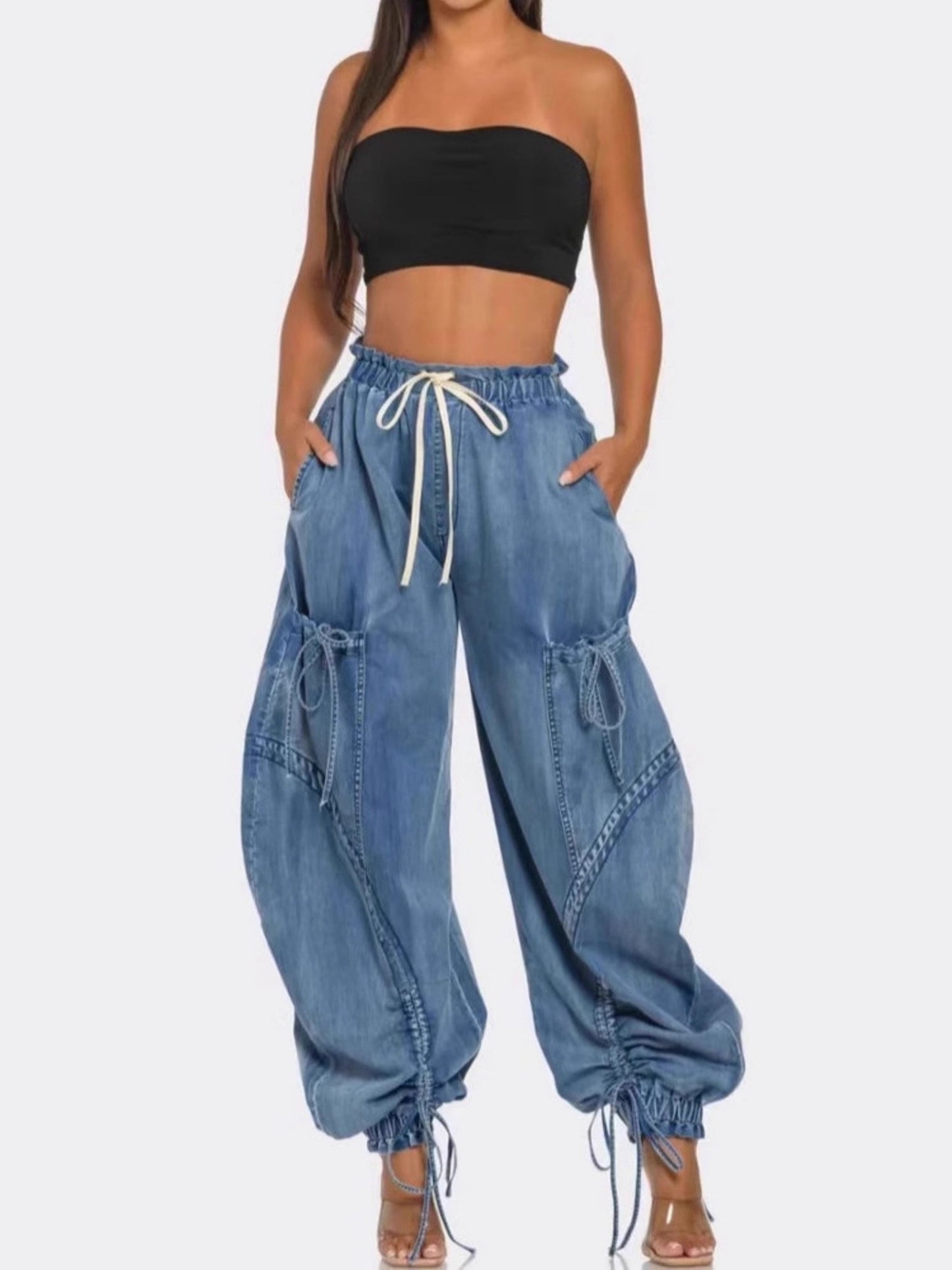 Y2K Drawstring Bow Tie Loose-fitting Ankles Jeans
