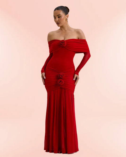 3D Flowers Valentine's Day Off-shoulder Pleated Maxi Dresses