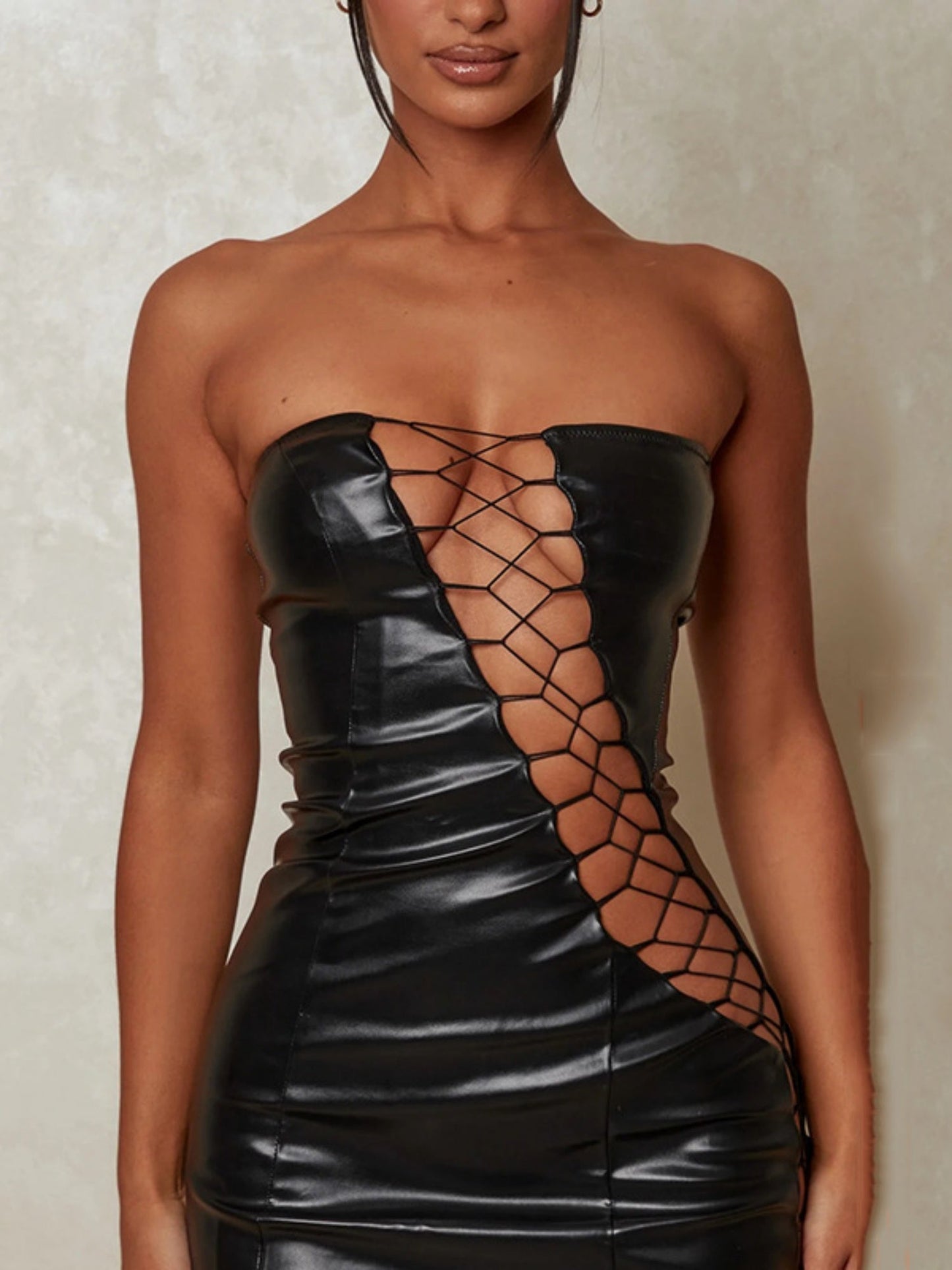 PU Leather Hollow Out Strapless Bra Waist-cinching, Hip-hugging, Bust-shaping Party Mini&Short Dresses