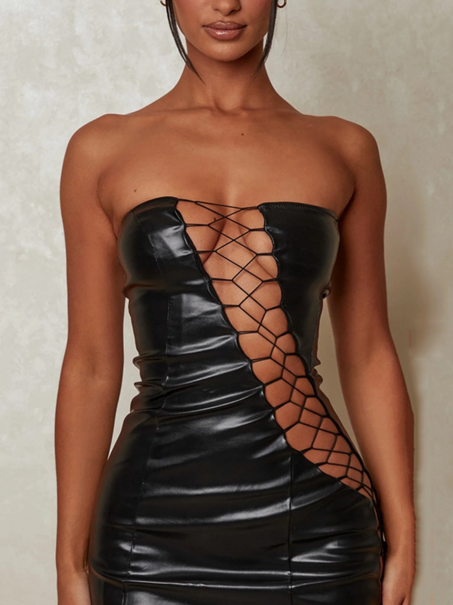 PU Leather Hollow Out Strapless Bra Waist-cinching, Hip-hugging, Bust-shaping Party Mini&Short Dresses