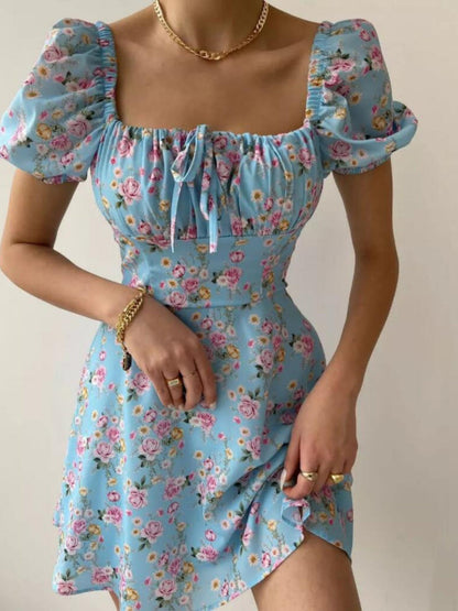 Zipper Floral Printed Short sleeve Mini&Short Dresses