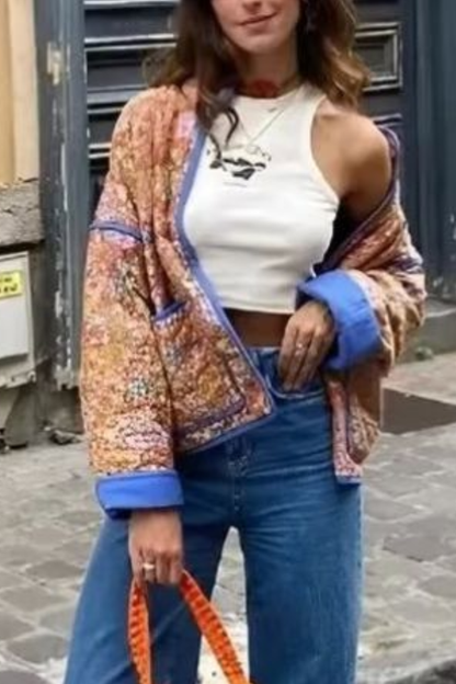 Printed Colorblock Large Pocket Stand Collar Quilted Cotton Jacket