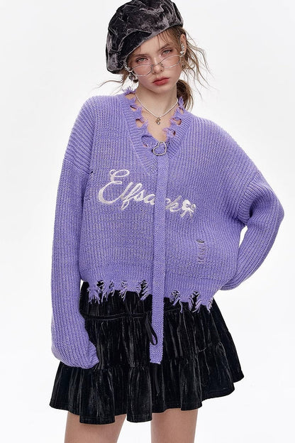 Red Embroidered Raw Edge Wool Blend Sweater