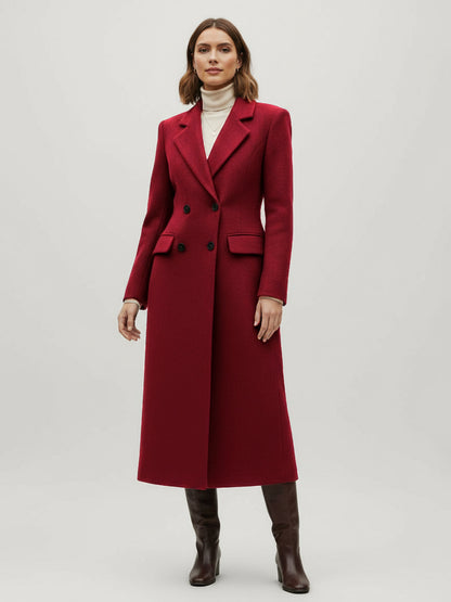 Woolen Double-Breasted Long Coat With Notch Lapel And Flap Pockets For Women 2026