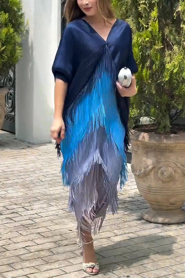 Fashionable Color-blocked Multi-layered Tassel Loose Midi Dress