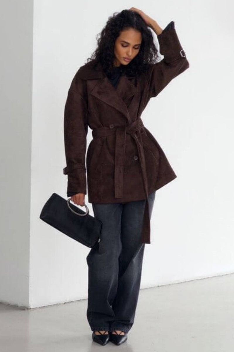 Vintage Suede Lapel Tie Waist Jacket Coat