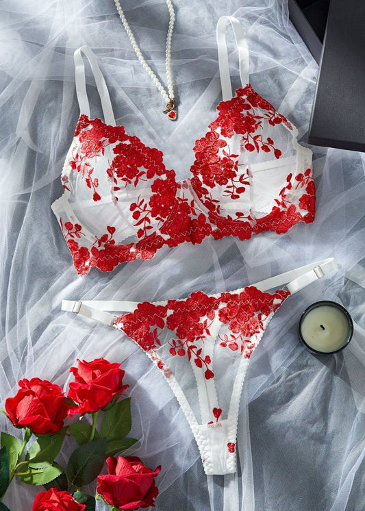 Crimson Bloom – Red Embroidered Mesh Lingerie Set with Triangle Cups
