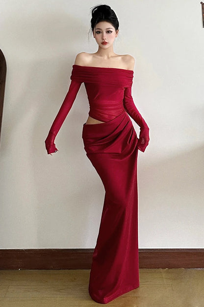 Off Shoulder Sheer Mesh Long Sleeve Ruched Bodice Draped Waist Panel Maxi Dress