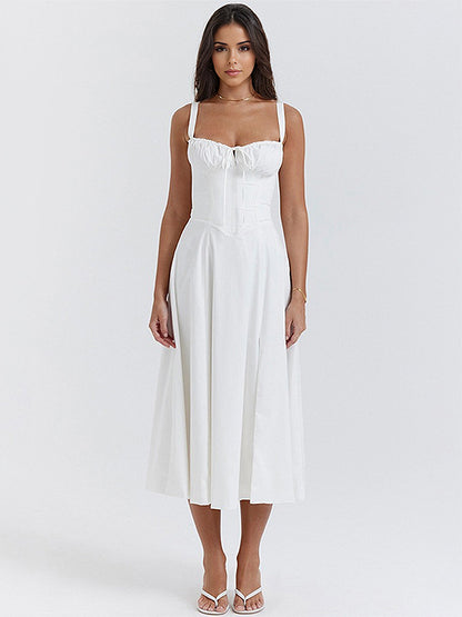 Soft Pink Summer Dress Sleeveless Straps Neck Cottagecore Lace Up Midi Dress For Women