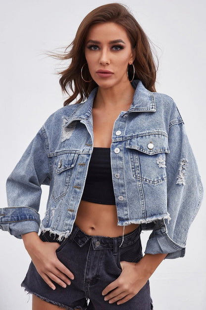 Distressed Raw Hem Denim Jacket
