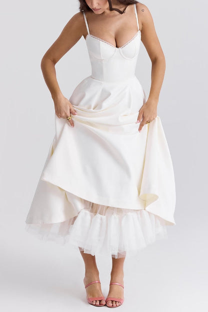 Lace Trim Sweetheart Corset Bodice Tulle Petticoat Fit and Flare Midi Dress