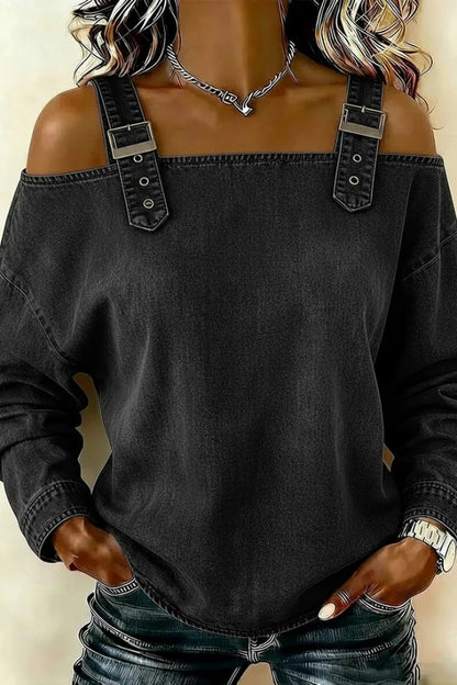 Fashionable Faux Denim Off-shoulder Long-sleeved Loose Top