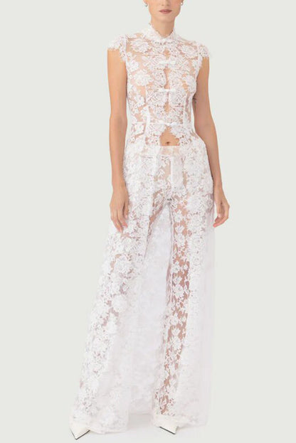 Saphina Floral Lace Pipa Knot Detail Short Sleeve Center Front Slit Maxi Top