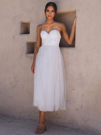 Corset Midi Dress Spaghetti Straps Shirred Lace-up Tulle Skirt Dresses
