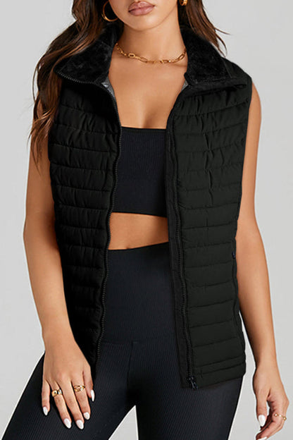 Plush Collared Quilted Zipped Puffer Vest