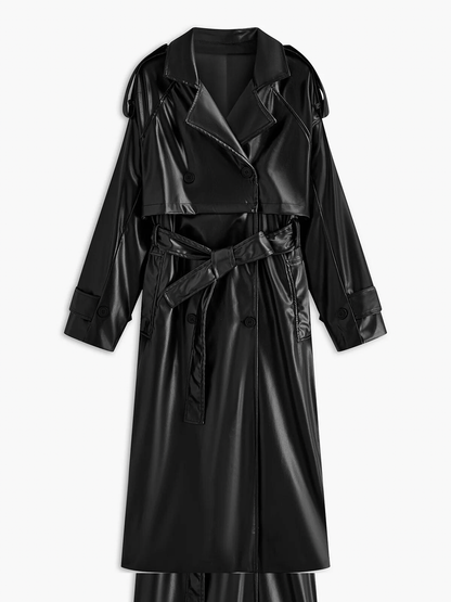 Belted Faux Leather Long Jacket