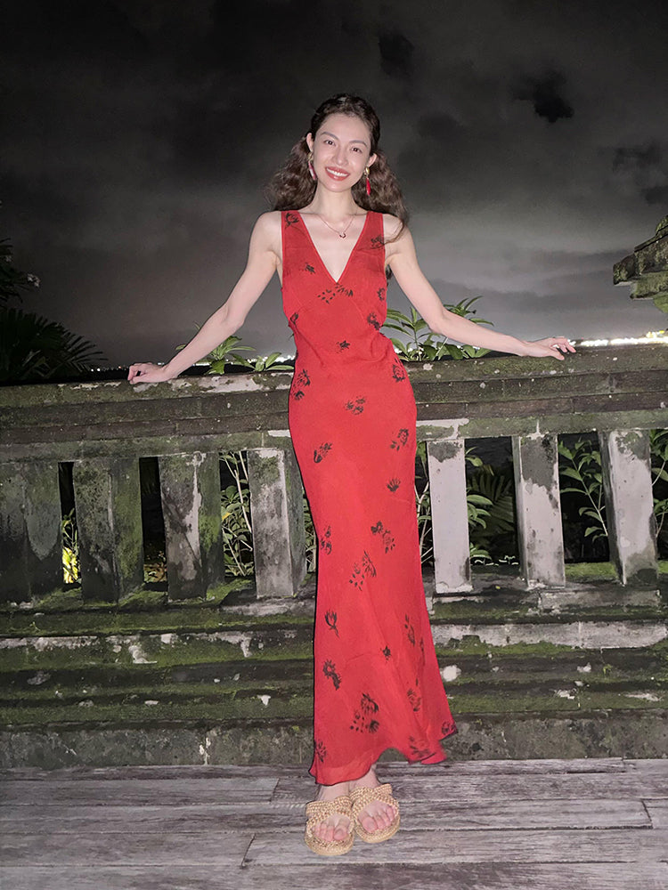 Vintage Red V-Neck Floral Maxi Dress