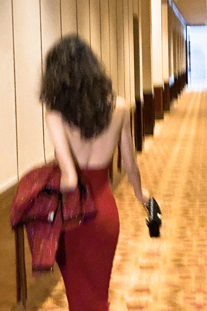 Romantic Red Knit Halter Gown